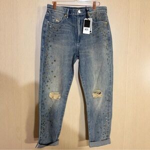 NEW Juicy Couture Black Label Denim Indigo Mixed Metal Studded Girlfriend Jeans